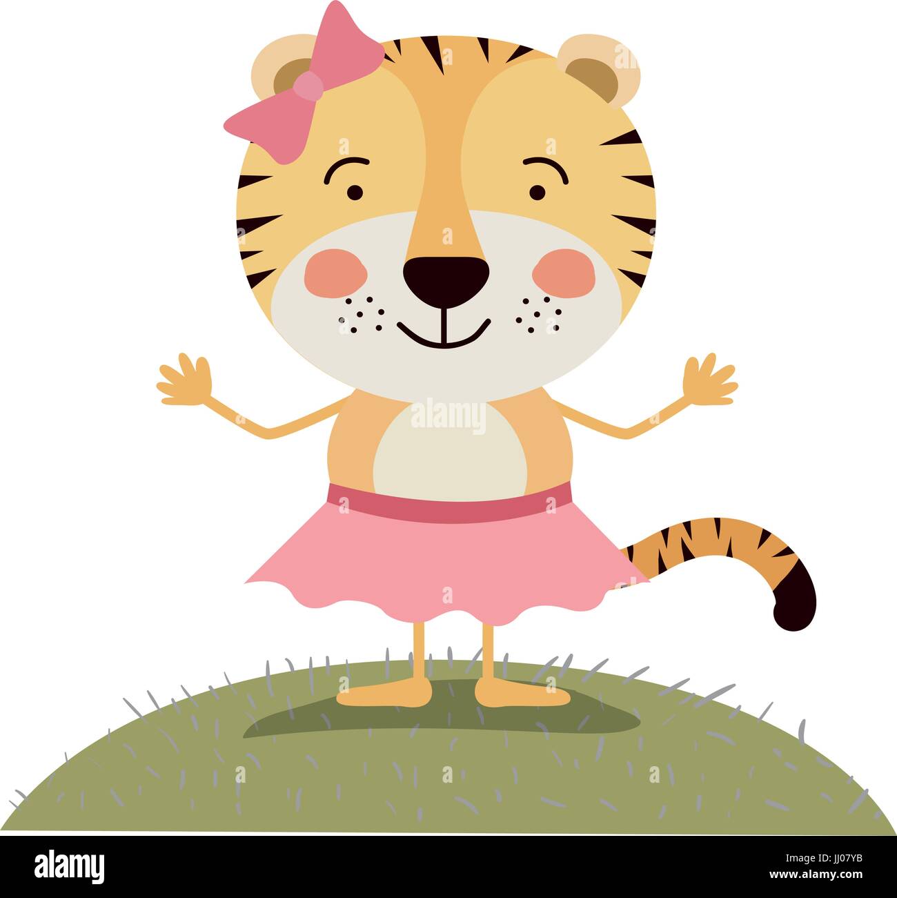 Paysage ciel scène colorée et de l'herbe caricature mignon expression tigresse en jupe avec dentelle Illustration de Vecteur