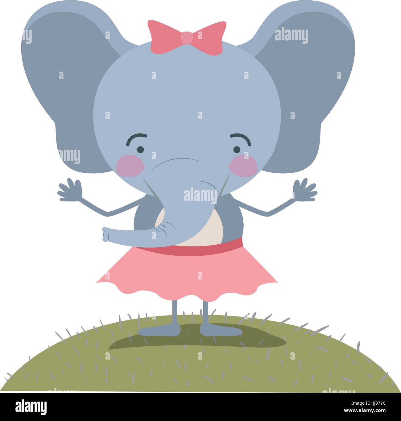 Paysage ciel scène colorée et d'herbe éléphant mignon expression caricature en jupe avec dentelle Illustration de Vecteur