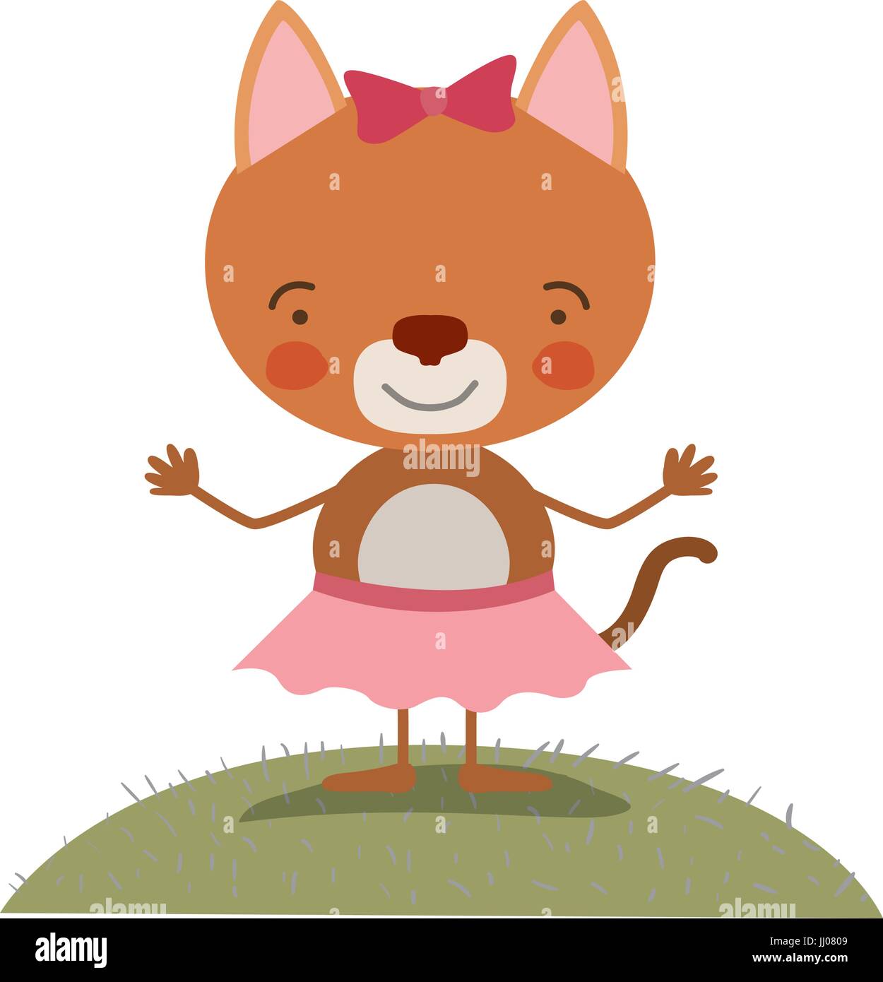 Paysage ciel scène colorée et de l'herbe caricature mignon expression cat en jupe avec dentelle Illustration de Vecteur