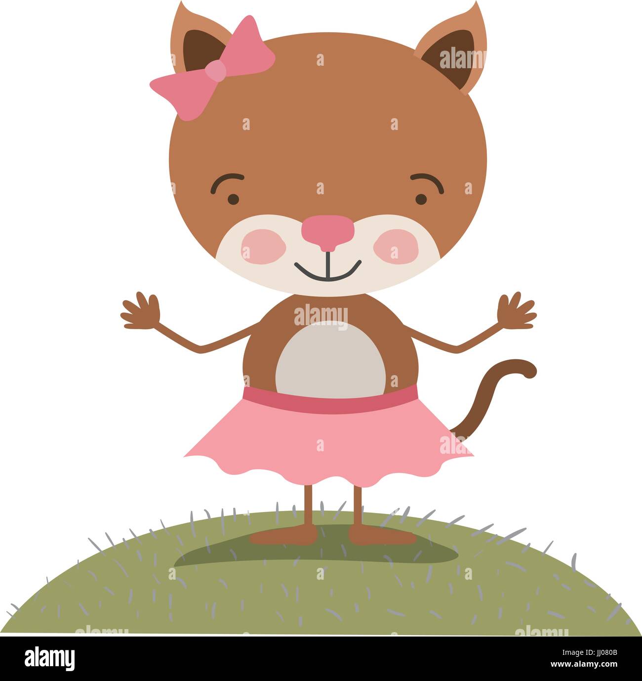 Paysage ciel scène colorée et de l'herbe caricature expression mignon chaton en jupe avec dentelle Illustration de Vecteur