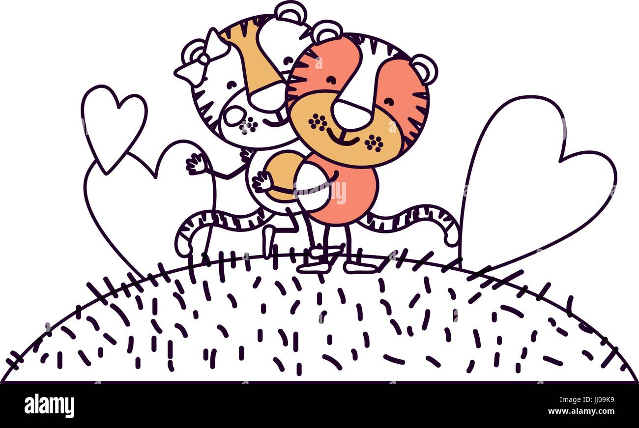 Scène silhouette ciel sections couleur paysage et de l'herbe avec la caricature de couple l'un portant l'autre tigres Illustration de Vecteur