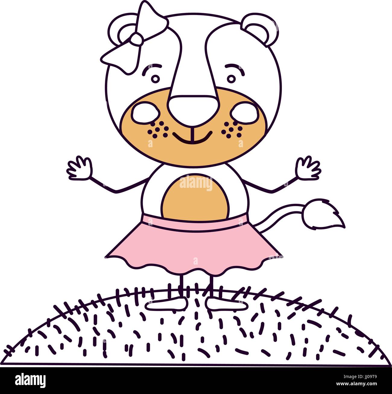 Scène silhouette ciel sections couleur paysage et de l'herbe avec caricature mignon expression lionne en jupe avec dentelle Illustration de Vecteur