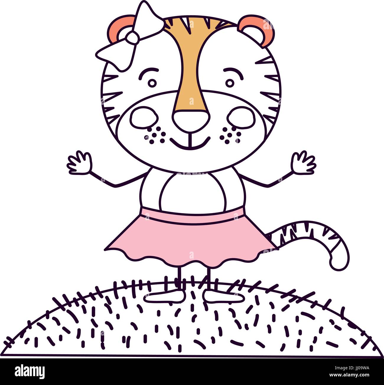 Scène silhouette ciel sections couleur paysage et de l'herbe avec caricature mignon expression tigresse en jupe avec dentelle Illustration de Vecteur