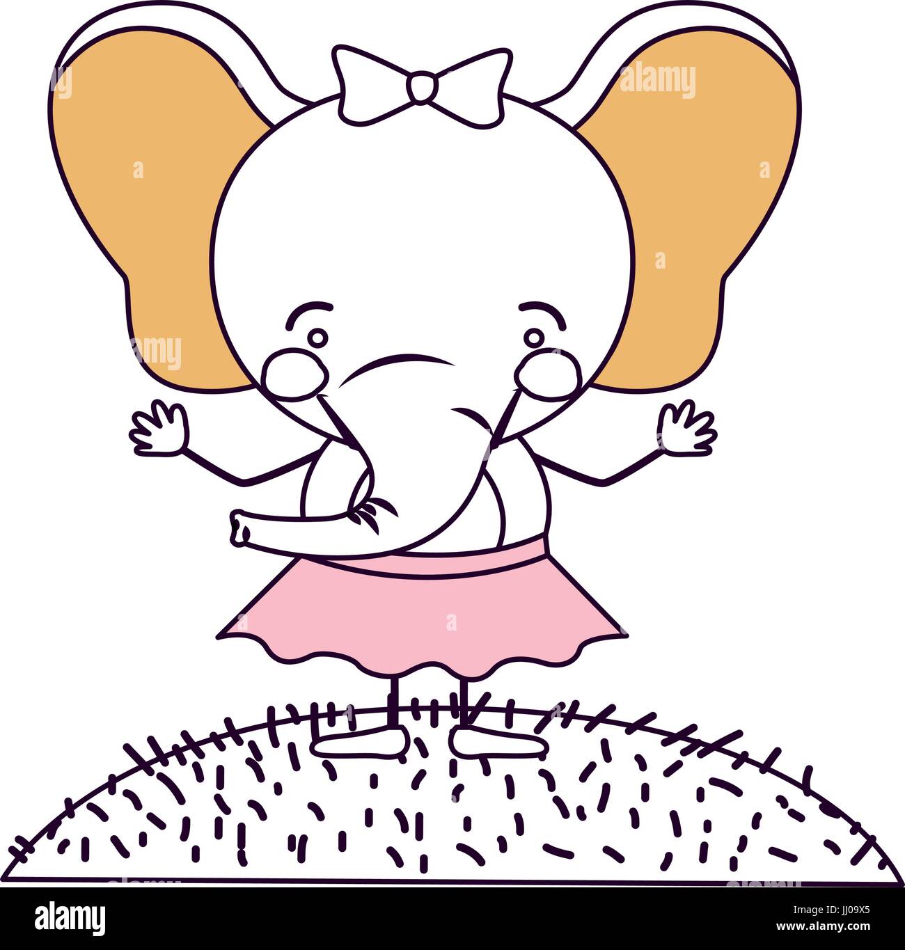 Scène silhouette ciel sections couleur paysage et de l'herbe à éléphant mignon expression caricature en jupe avec dentelle Illustration de Vecteur