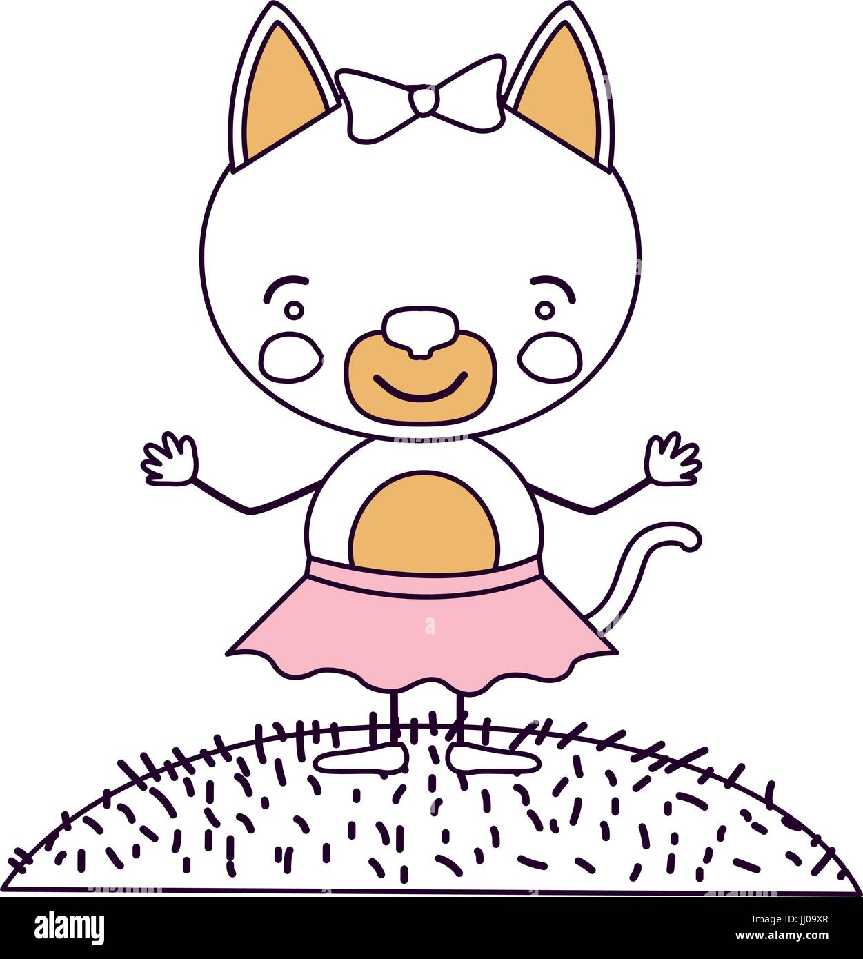 Scène silhouette ciel sections couleur paysage et de l'herbe avec caricature mignon expression cat en jupe avec dentelle Illustration de Vecteur