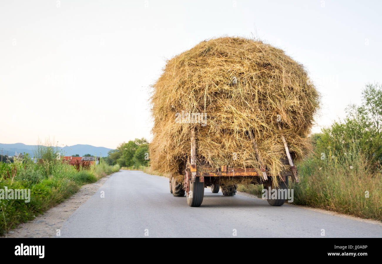 Tracteur plein de foin sur la route du village Banque D'Images