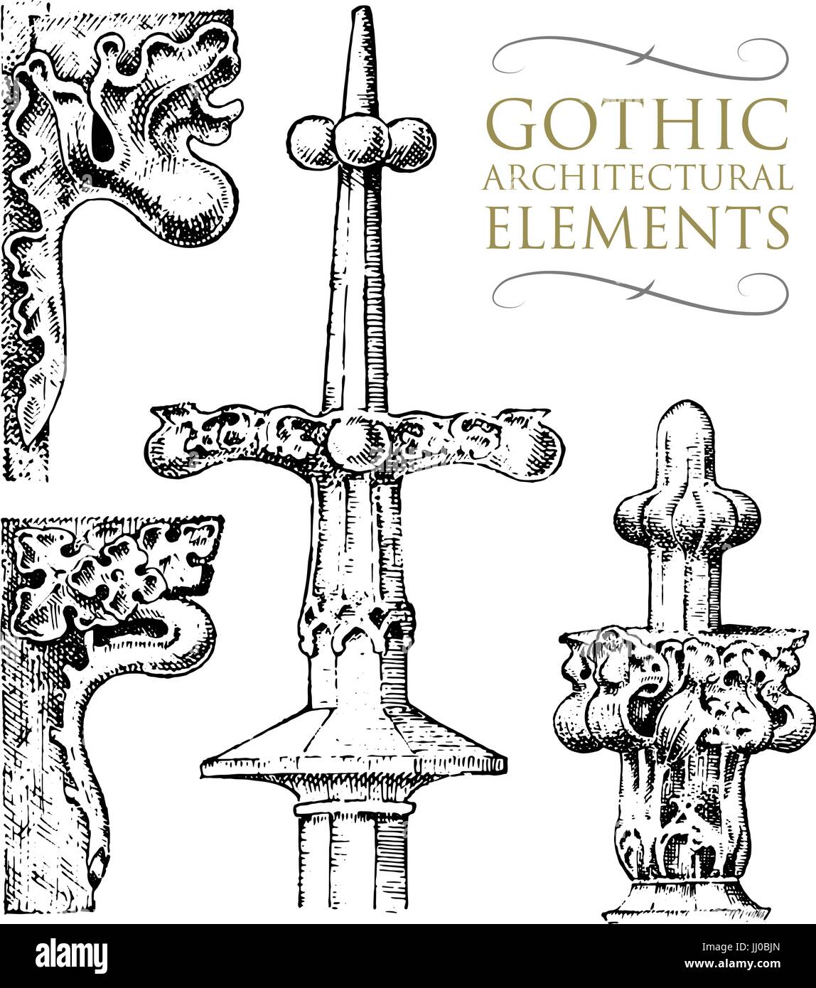 Détail architectural décoratif ancien bâtiment. éléments ornementaux, classique, calcaire ou commandes. gravés à la main dans de vieux croquis, grec et vintage. Meubles anciens, baroque ou style gothique. Illustration de Vecteur