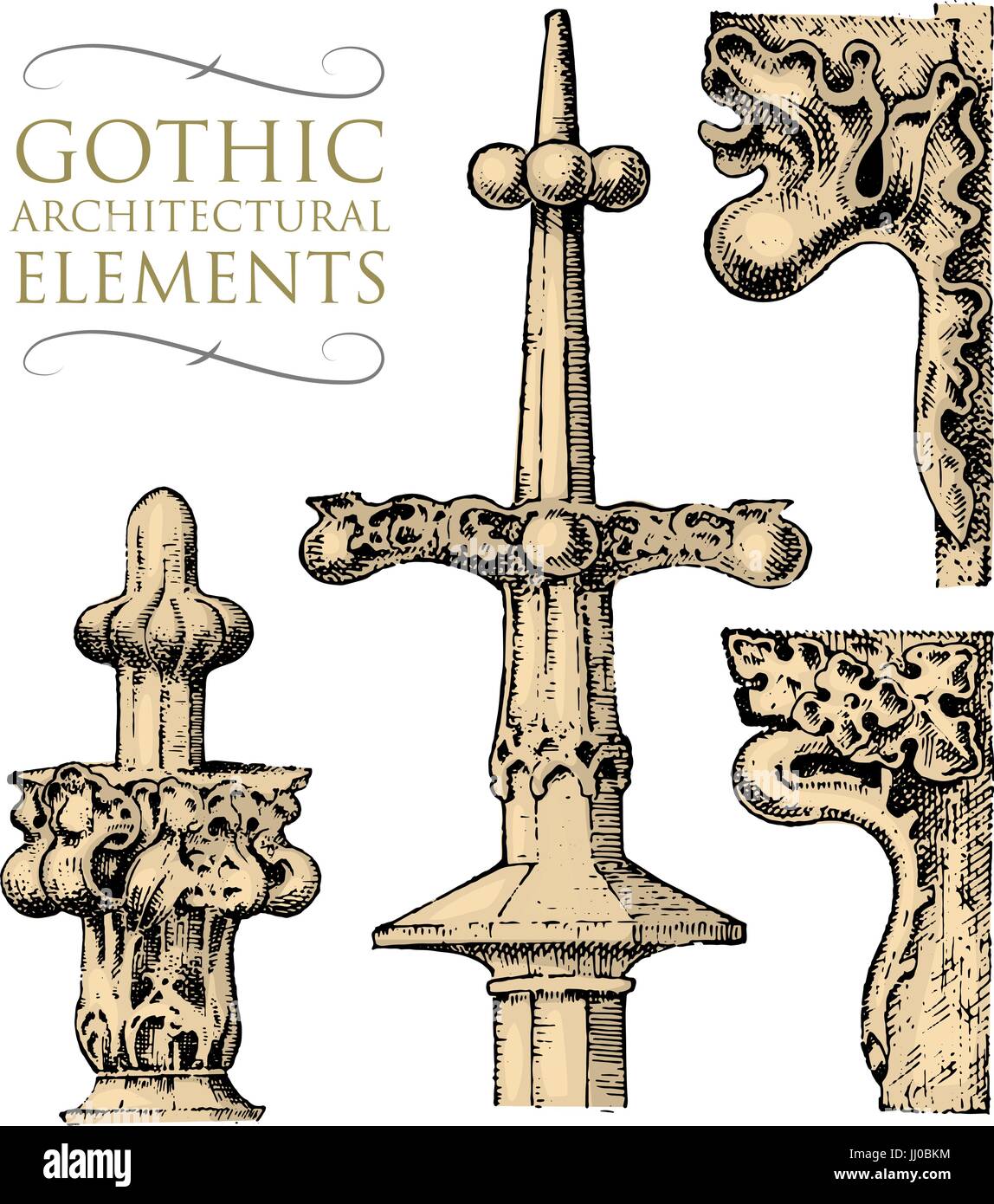 Détail architectural décoratif ancien bâtiment. éléments ornementaux, classique, calcaire ou commandes. gravés à la main dans de vieux croquis, grec et vintage. Meubles anciens, baroque ou style gothique. Illustration de Vecteur