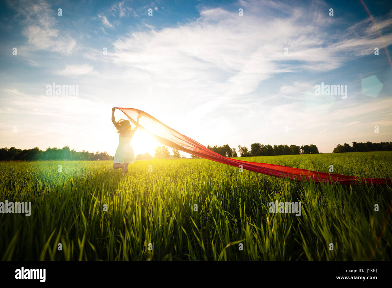 Jeune femme heureuse en champ de blé avec le tissu. Vie d'été Banque D'Images