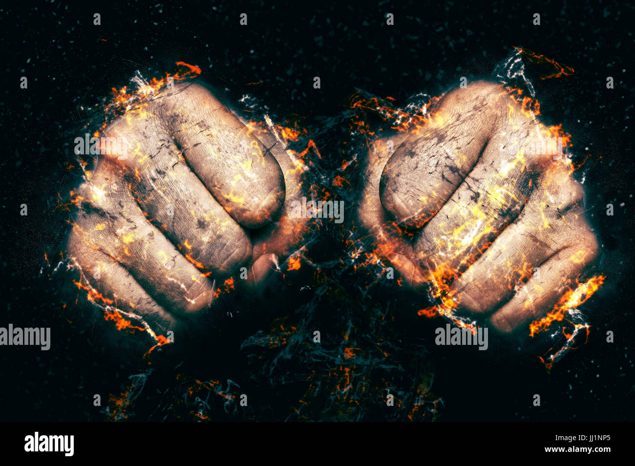 Deux poings en flammes, feu l'illustration. Lutte concept. Banque D'Images