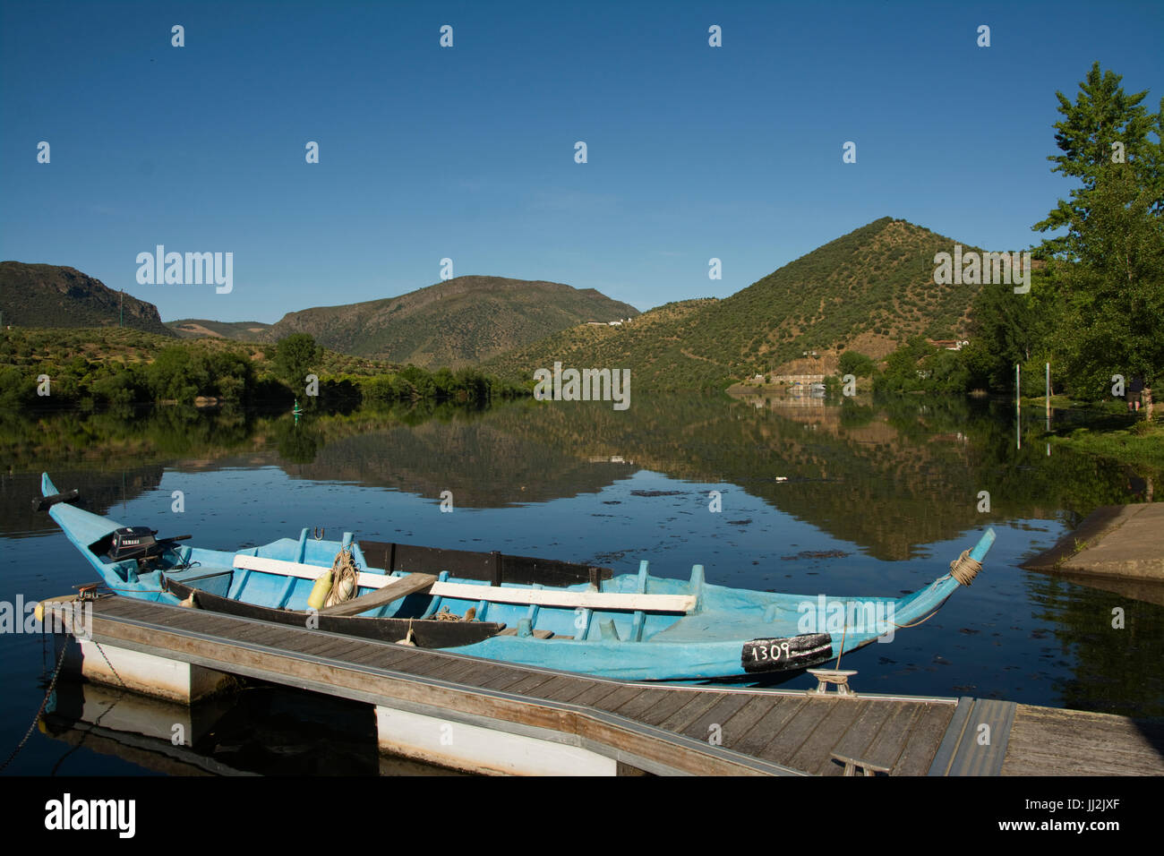 L'EUROPE, PORTUGAL, Barca d'Alva Région, Barca d'Alva, vue sur le fleuve Douro, avec petit bateau Banque D'Images