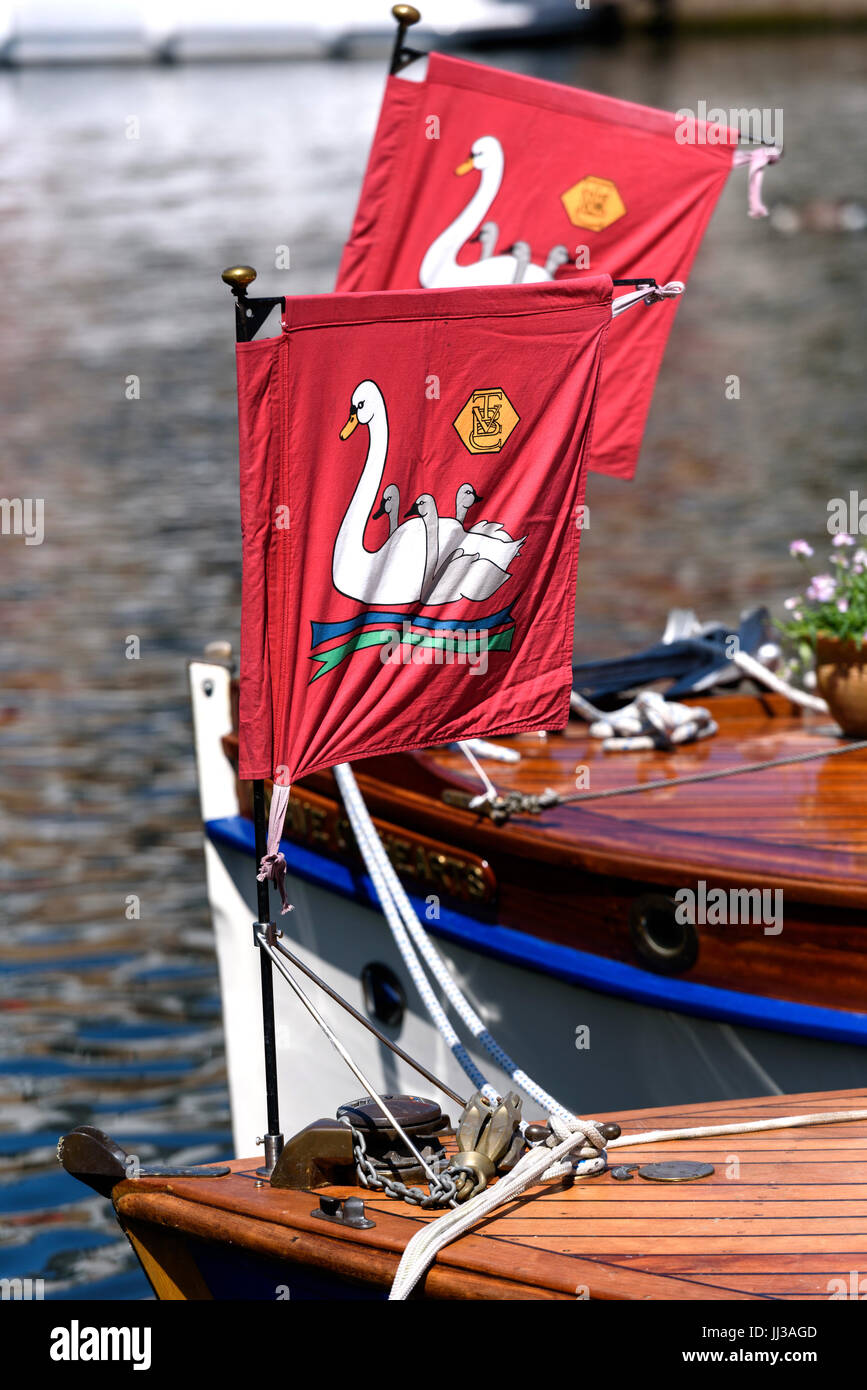 Londres, Royaume-Uni. 17 juillet, 2017. L'équipe de Swan Augmenter faire un toast à la reine Elizabeth II à Old Windsor Lock sur la Tamise, près de Windsor, Berkshire. L'événement annuel date de l'époque médiévale, lorsque l'État revendiqué la propriété de tous les cygnes tuberculés qui étaient considérés comme une source importante de nourriture pour les banquets et les fêtes. Aujourd'hui, les cygnets sont pesés et mesurés afin d'obtenir des estimations des taux de croissance et les oiseaux sont examinées pour tout signe de lésion, souvent causé par la pêche à l'hameçon et à la ligne. Les cygnets sont entourées avec les numéros d'identification individuels par l'imprimeur de la Swan Warden, dont le rôle est sc Banque D'Images