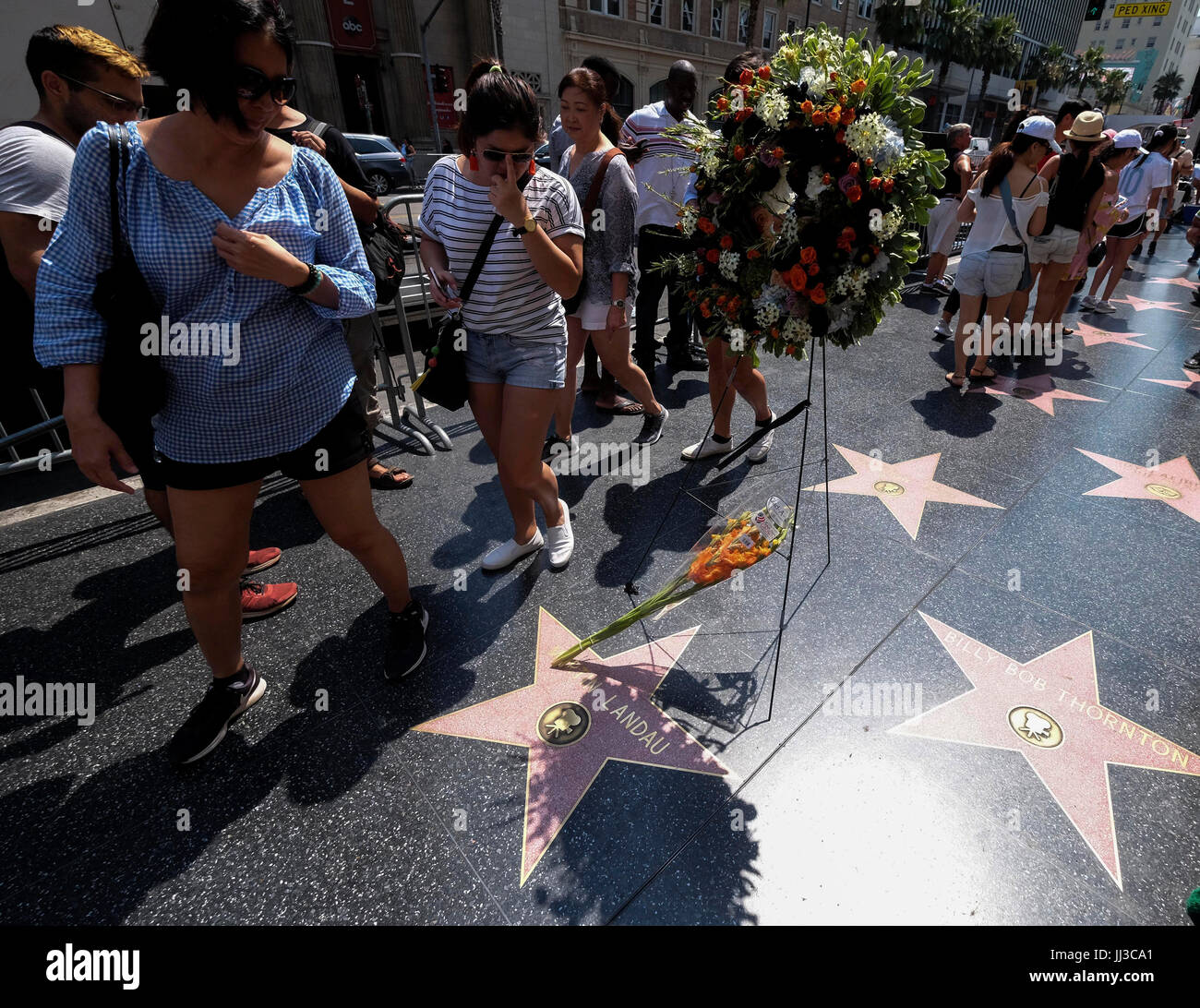 Los Angeles, USA, samedi. 15 juillet, 2017. Fleurs dans la mémoire de l'acteur Martin Landau sont placés sur son étoile sur le Hollywood Walk of Fame en face de la piste Dolby Theatre, à Los Angeles, États-Unis, le 17 juillet 2017. Landau, l'acteur qui a gagné la célébrité dans les années 1960 TV show "Mission : Impossible", a couronné une longue carrière avec un Oscar pour son rôle de star du film d'horreur de vieillissement Bela Lugosi dans 1994's 'Ed Wood', est mort samedi, 15 juillet, 2017. Il était de 89. Credit : Zhao Hanrong/Xinhua/Alamy Live News Banque D'Images