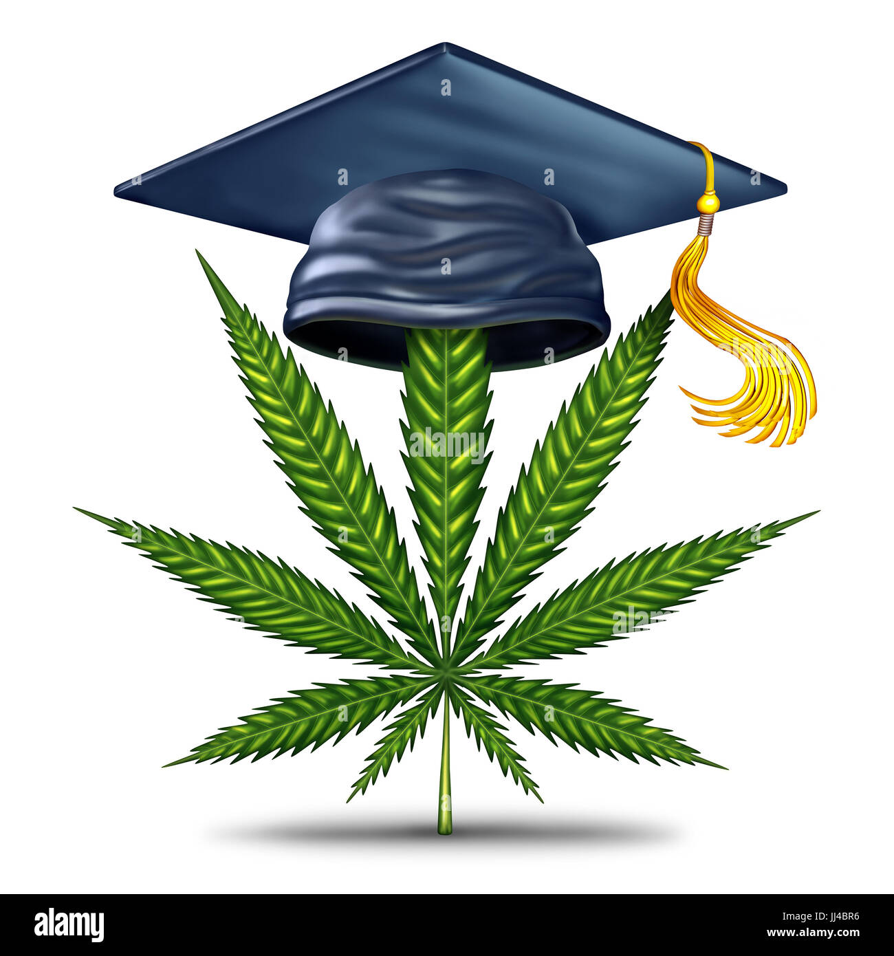 L'éducation de la marijuana et le cannabis l'information comme un mortier de diplôme avec une feuille verte comme une mauvaise herbe médicale ou juridique faits pot symbole. Banque D'Images