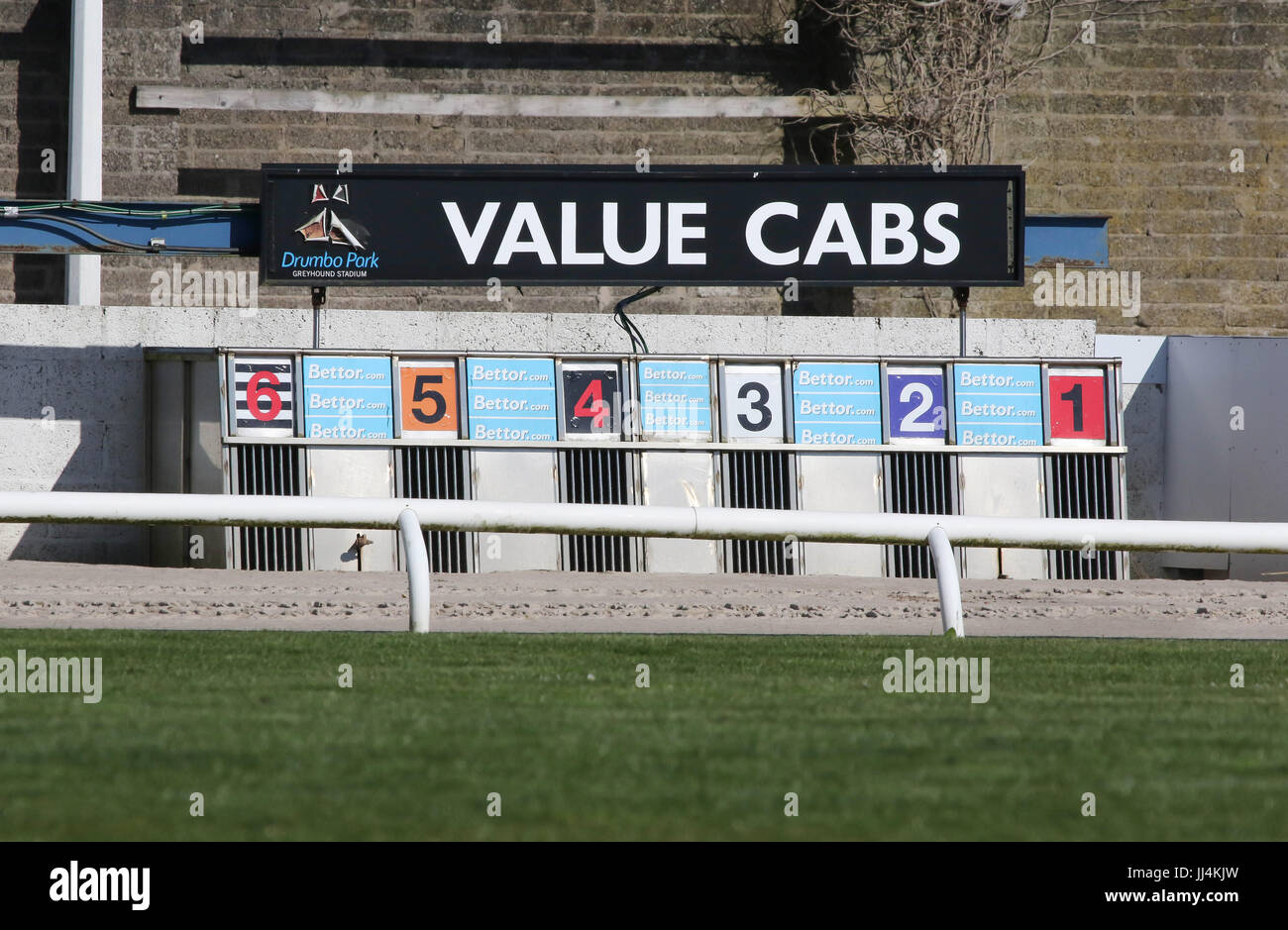 Piège à Greyhound Park Quebec Greyhound Stadium, Lambeg, Irlande du Nord. Banque D'Images