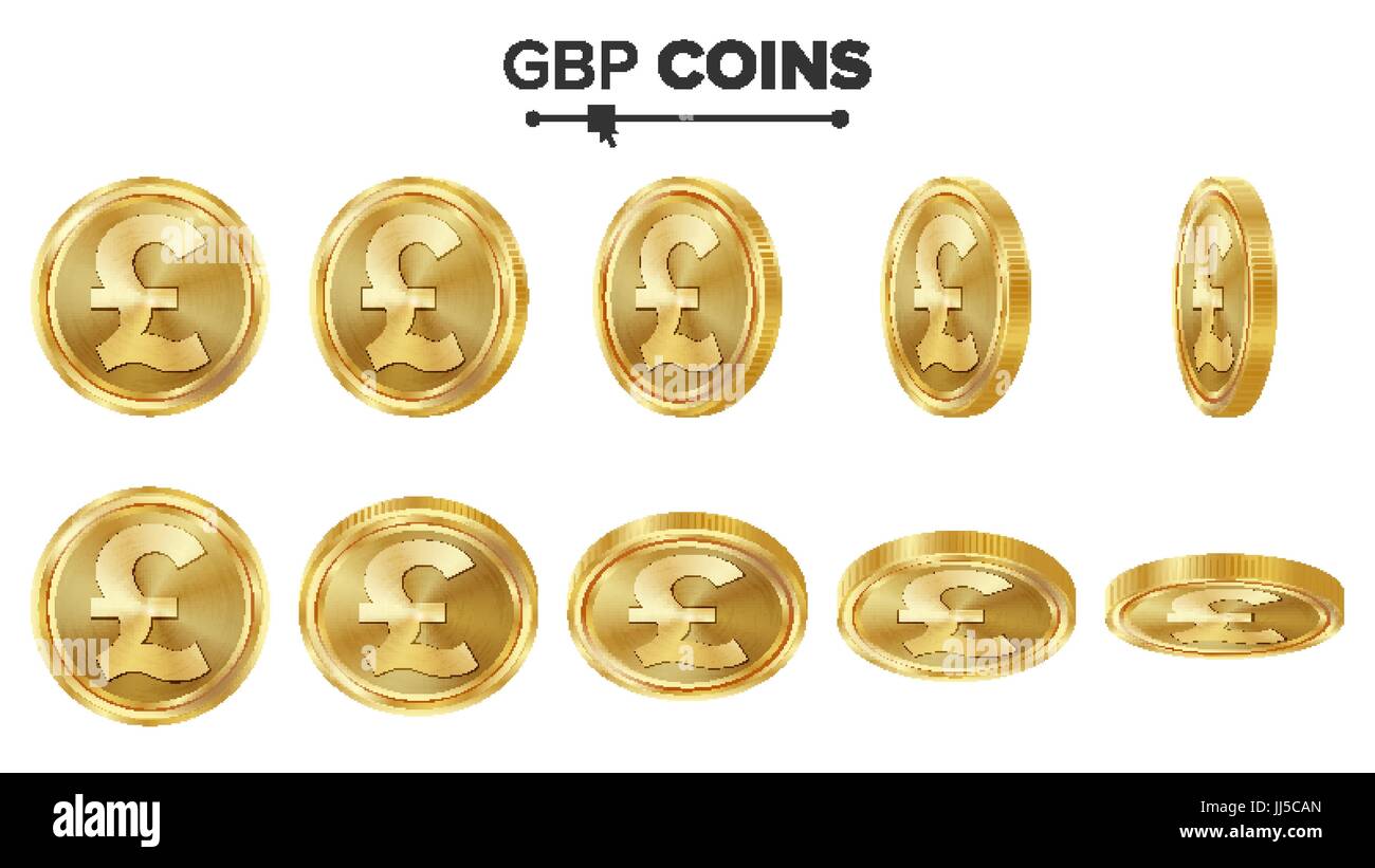 GBP 3D Gold Coins Vector Set. Illustration réaliste. Différents angles de bascule. L'argent avant. Concept d'investissement. Finances Coin Icônes, signe, symbole de trésorerie bancaire de succès. Service de Isolated On White Illustration de Vecteur