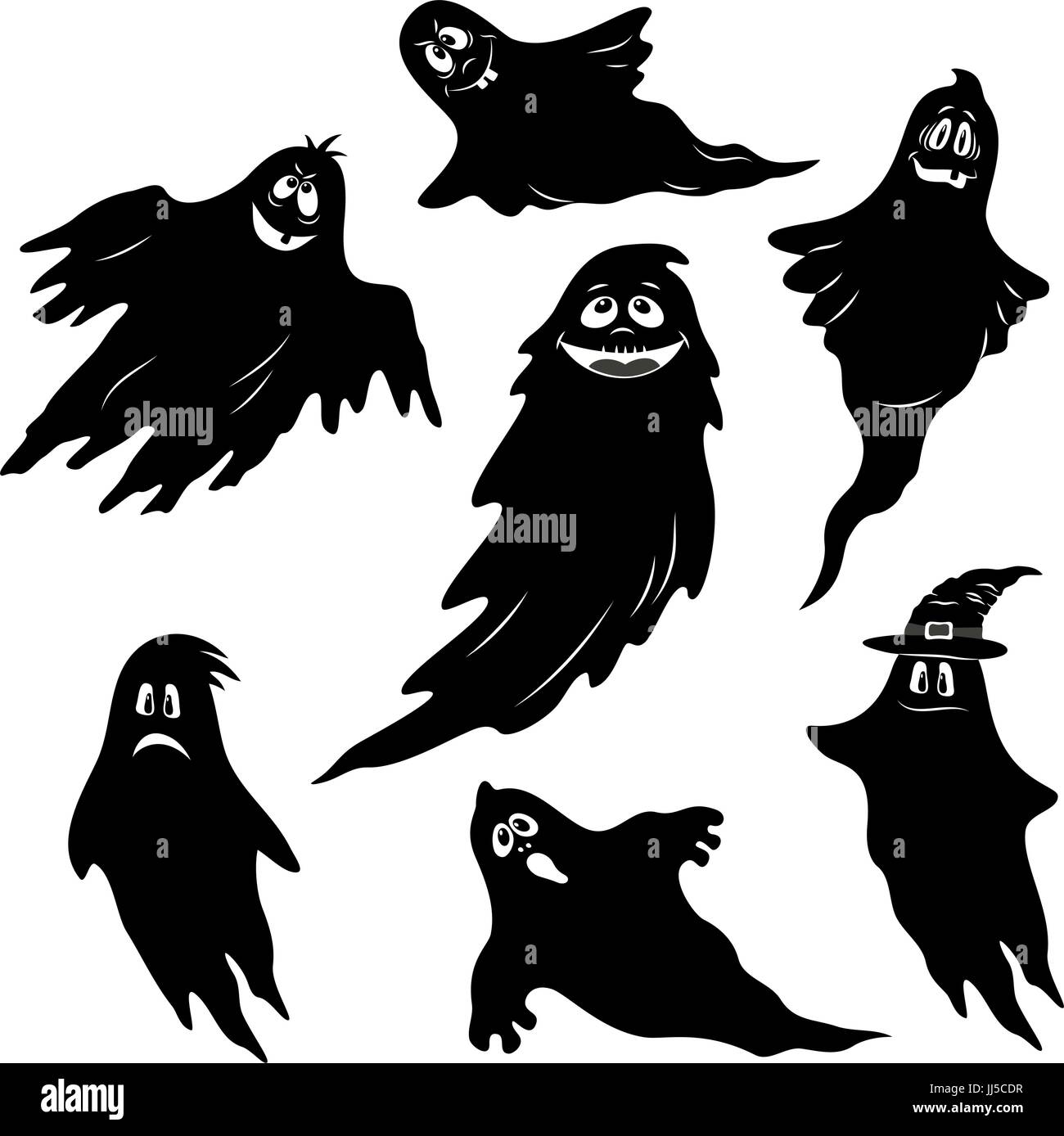 Maison de vacances Design pour Halloween, fantômes de vol, personnage avec différentes émotions, silhouettes noires isolé sur fond blanc. Vector Illustration de Vecteur