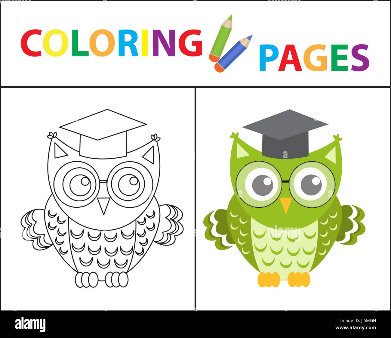 Page de livre de coloriage. Wise Owl portant des lunettes. Plan et croquis version couleur. Coloriages pour les enfants. L'éducation des enfants. Vector illustration. Illustration de Vecteur