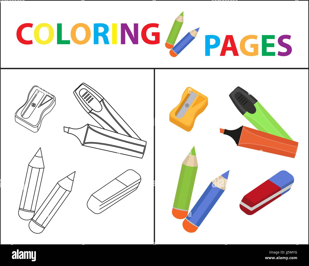 Page de livre de coloriage. Retour à l'ensemble de l'école, marqueur, crayons, taille-crayons, gomme. Plan et croquis version couleur. Coloriages pour les enfants. L'éducation des enfants. Vector illustration. Illustration de Vecteur