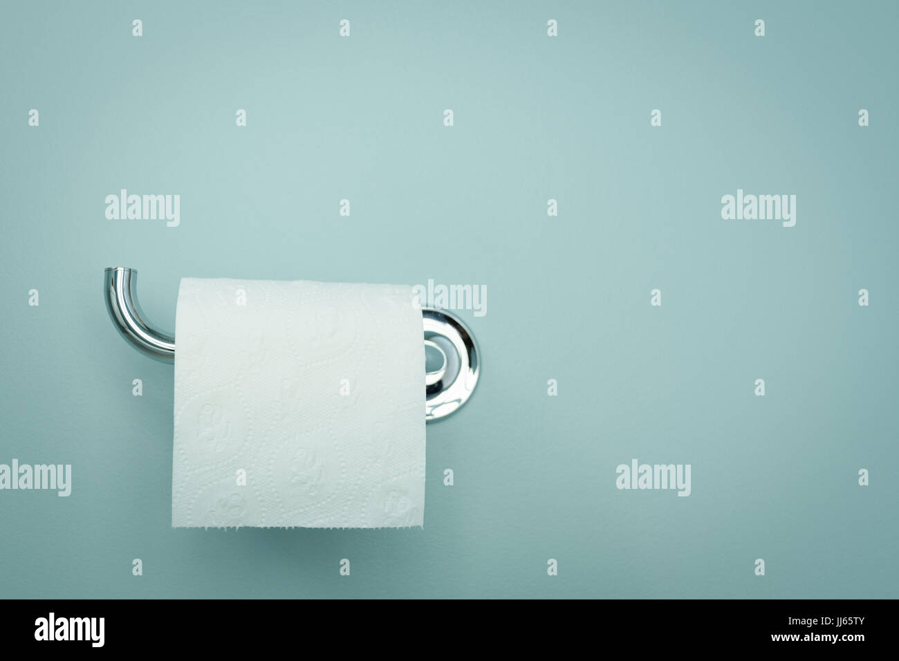 Rouleau de papier toilette blanc accroché sur un support chromé. Banque D'Images