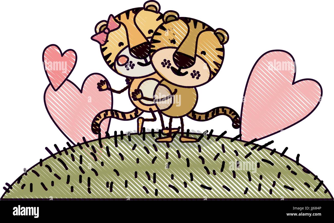 Crayon couleur paysage scène silhouette et l'herbe avec la caricature de couple l'un portant l'autre tigres Illustration de Vecteur