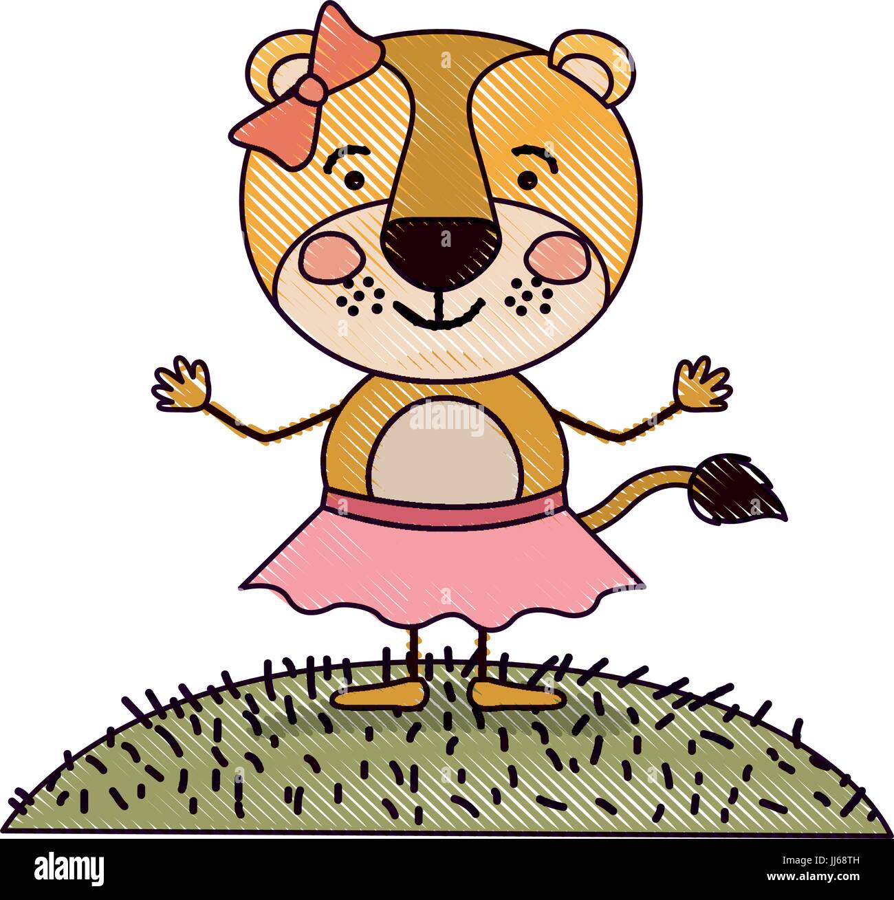 Crayon couleur paysage scène silhouette et l'herbe avec caricature mignon expression lionne en jupe avec dentelle Illustration de Vecteur