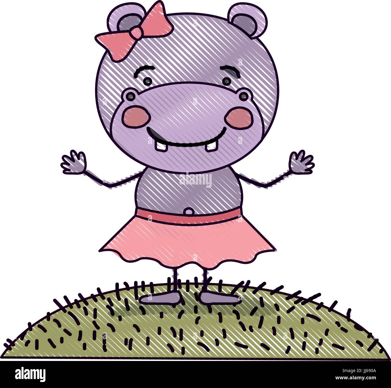 Crayon couleur paysage scène silhouette et l'herbe avec caricature mignon expression hippo en jupe avec dentelle Illustration de Vecteur