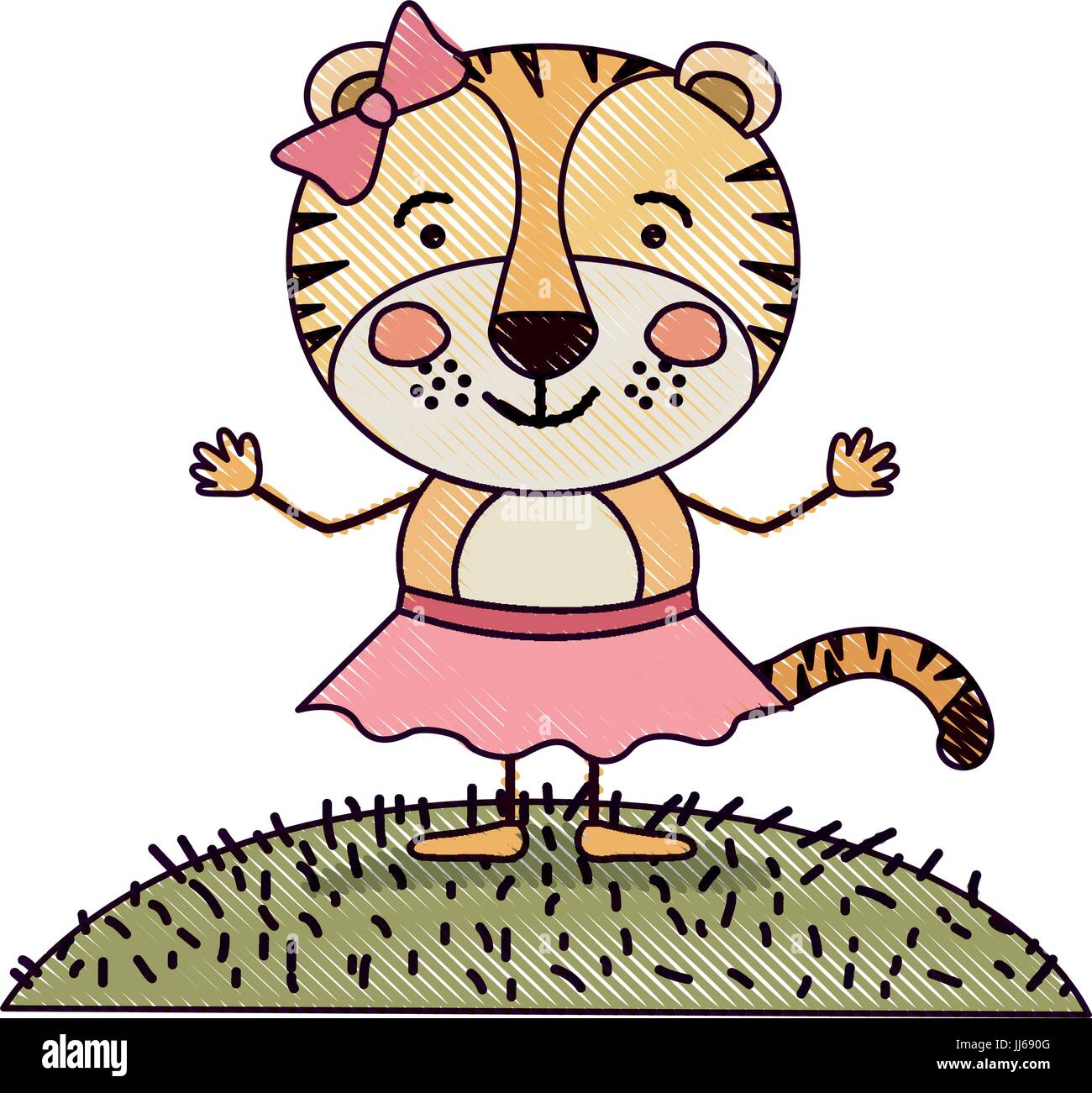 Crayon couleur paysage scène silhouette et l'herbe avec caricature mignon expression tigresse en jupe avec dentelle Illustration de Vecteur