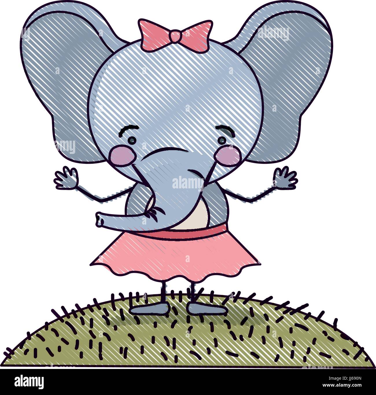 Crayon couleur paysage scène silhouette et l'herbe à éléphant mignon expression caricature en jupe avec dentelle Illustration de Vecteur