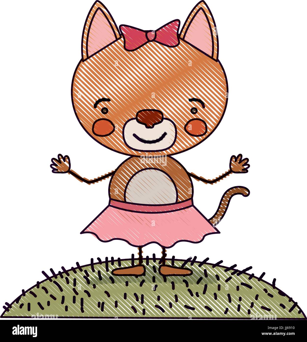 Crayon couleur paysage scène silhouette et l'herbe avec caricature mignon expression cat en jupe avec dentelle Illustration de Vecteur