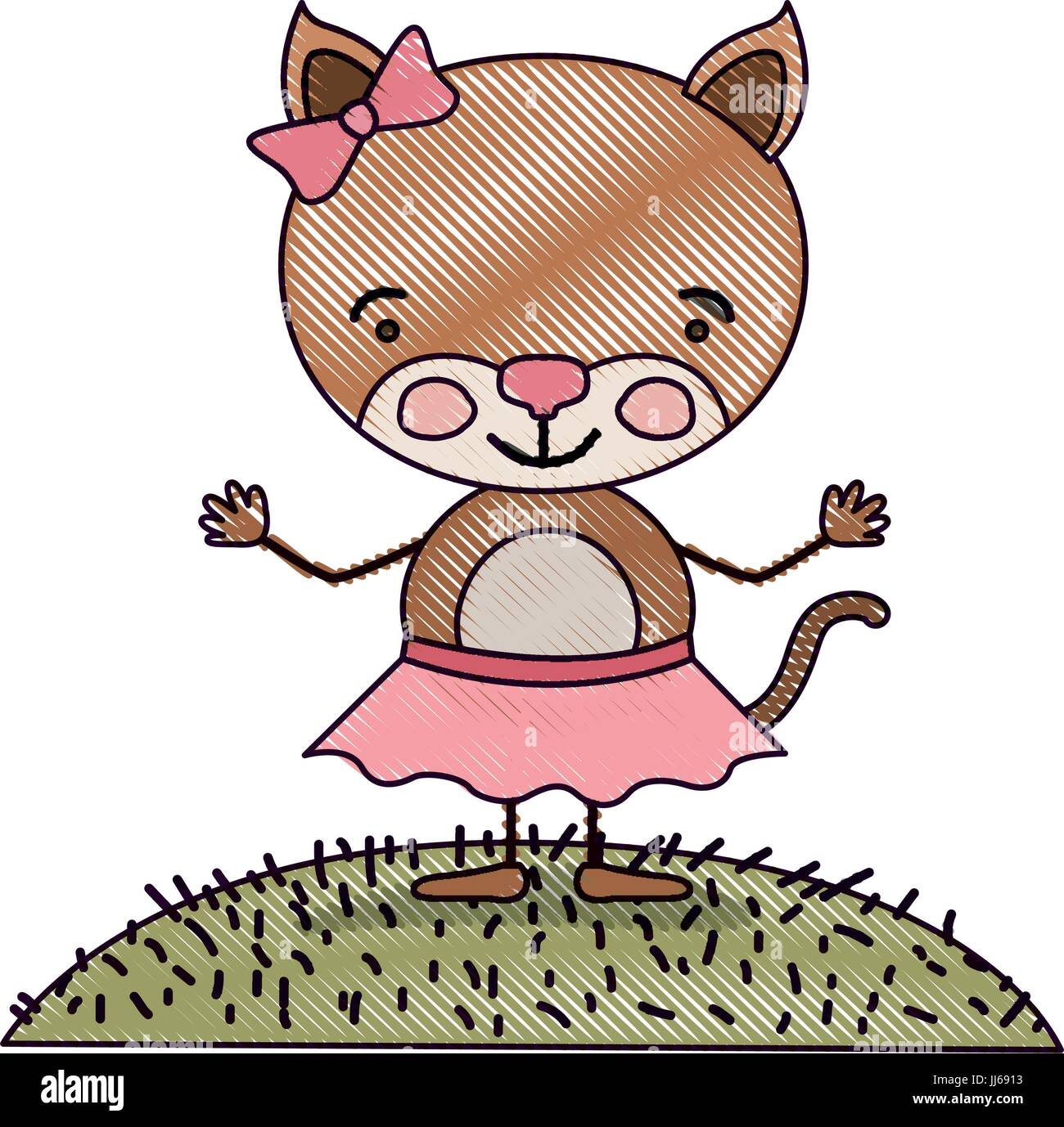 Crayon couleur paysage scène silhouette et l'herbe avec caricature expression mignon chaton en jupe avec dentelle Illustration de Vecteur