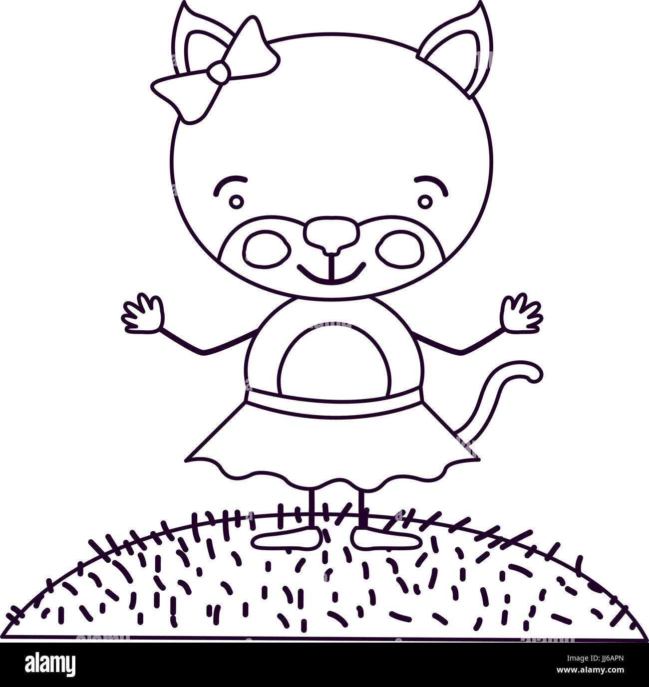 Silhouette dessin paysage scène et de l'herbe avec caricature expression mignon chaton femelle en jupe avec dentelle Illustration de Vecteur