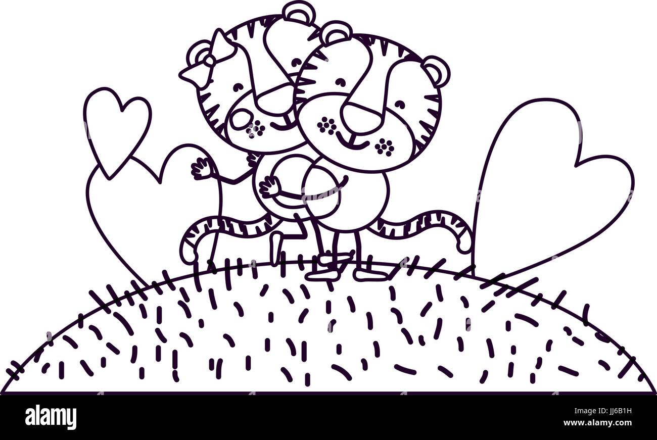 Silhouette dessin paysage scène et de l'herbe avec la caricature de couple l'un portant l'autre tigres Illustration de Vecteur