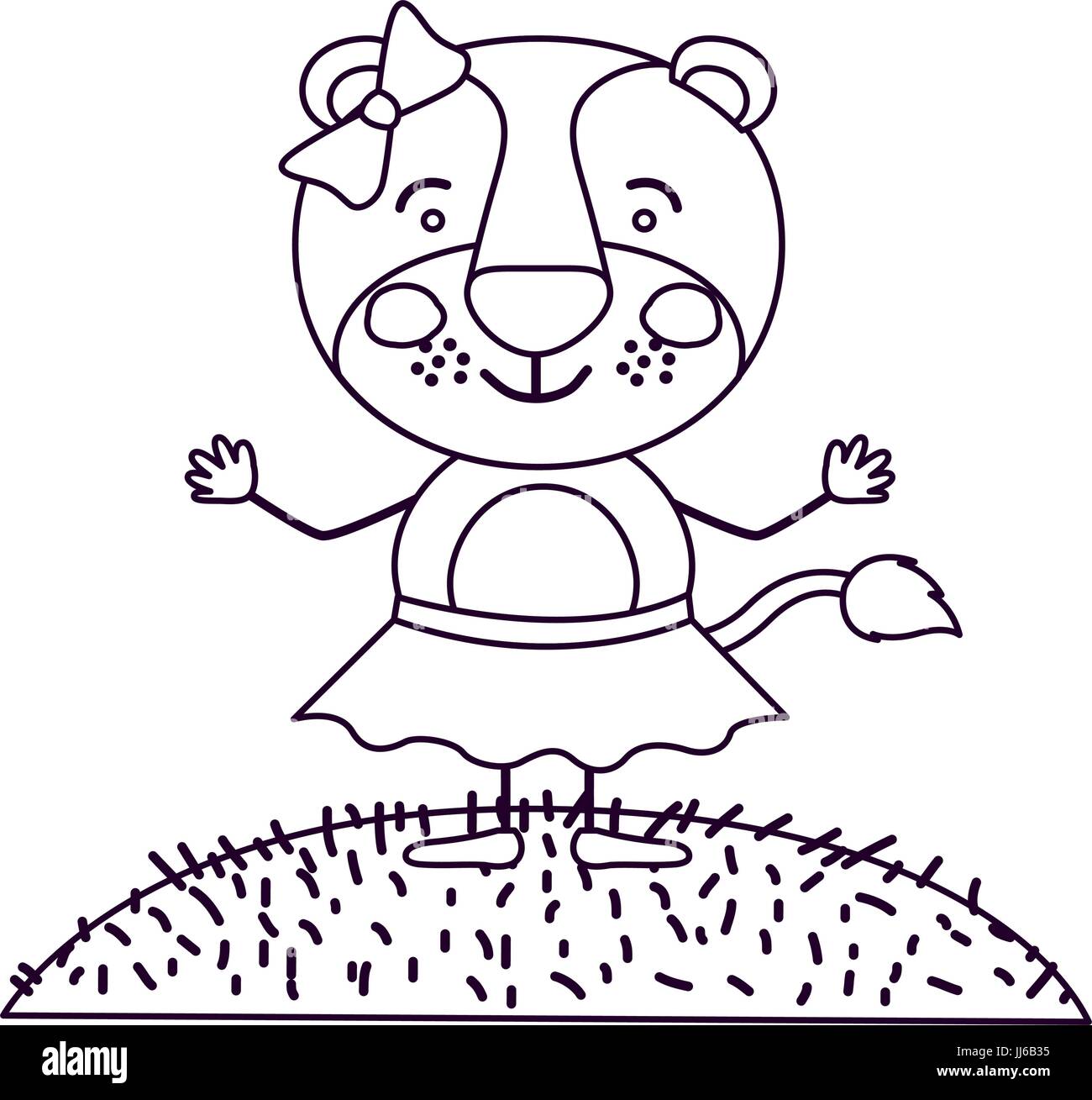 Silhouette dessin paysage scène et de l'herbe avec caricature mignon expression lionne en jupe avec dentelle Illustration de Vecteur