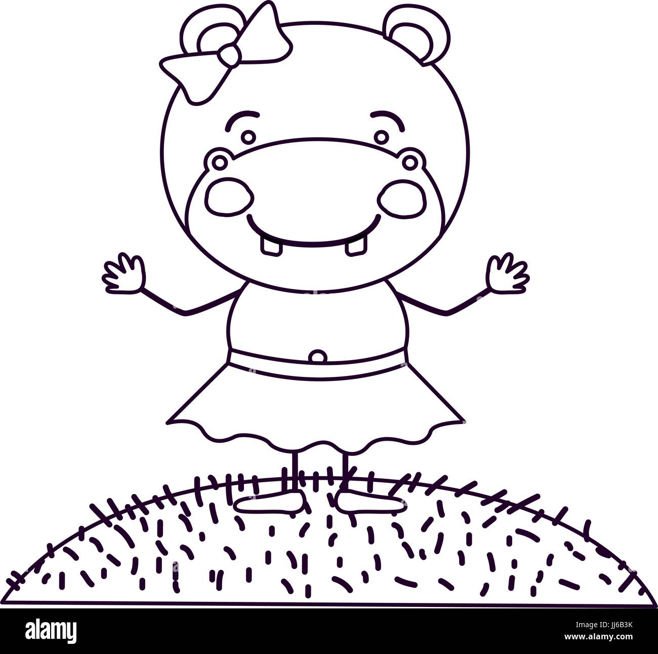 Silhouette dessin paysage scène et de l'herbe avec caricature mignon expression femme hippo en jupe avec dentelle Illustration de Vecteur