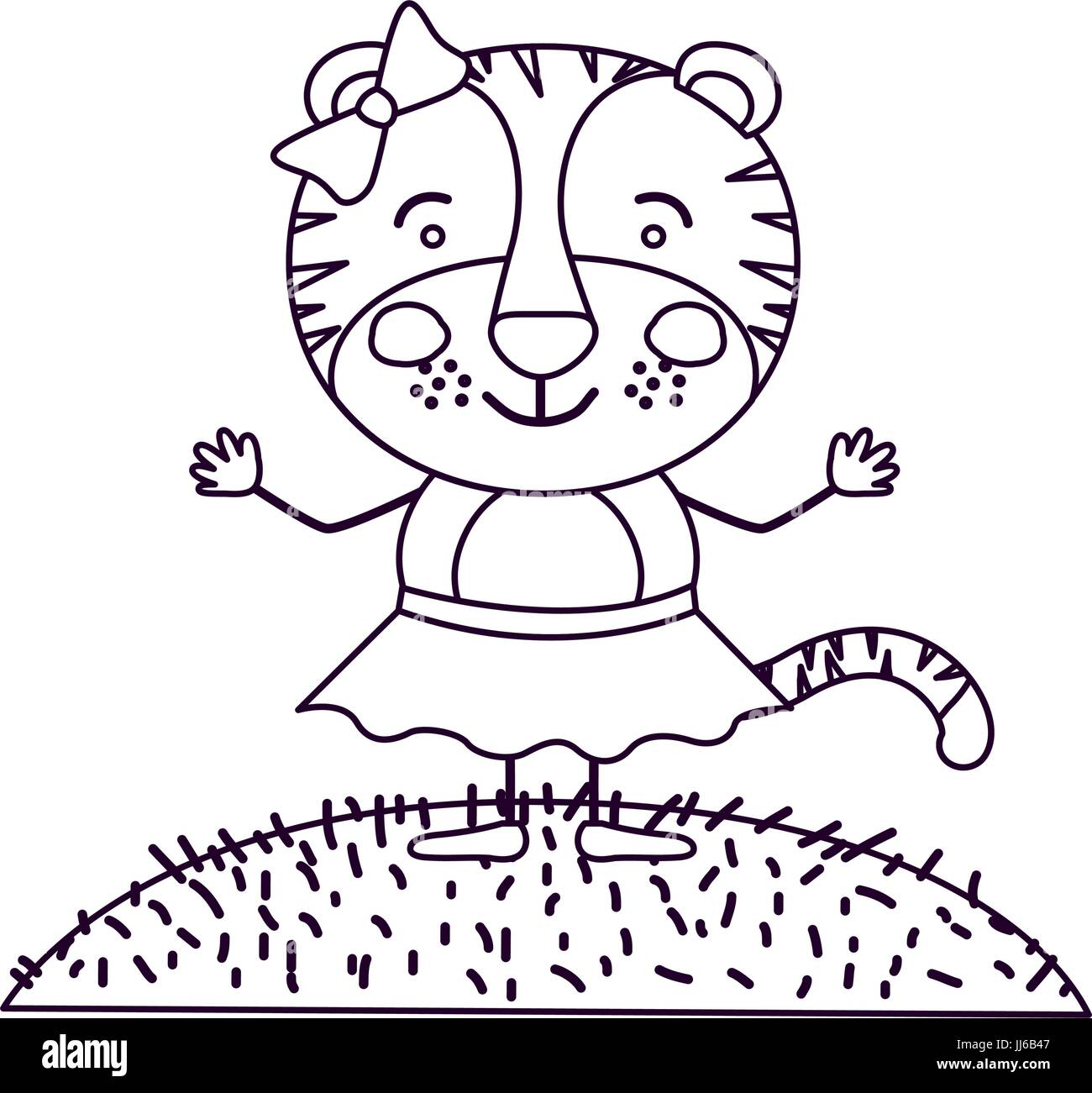 Silhouette dessin paysage scène et de l'herbe avec caricature mignon expression femme tigresse en jupe avec dentelle Illustration de Vecteur