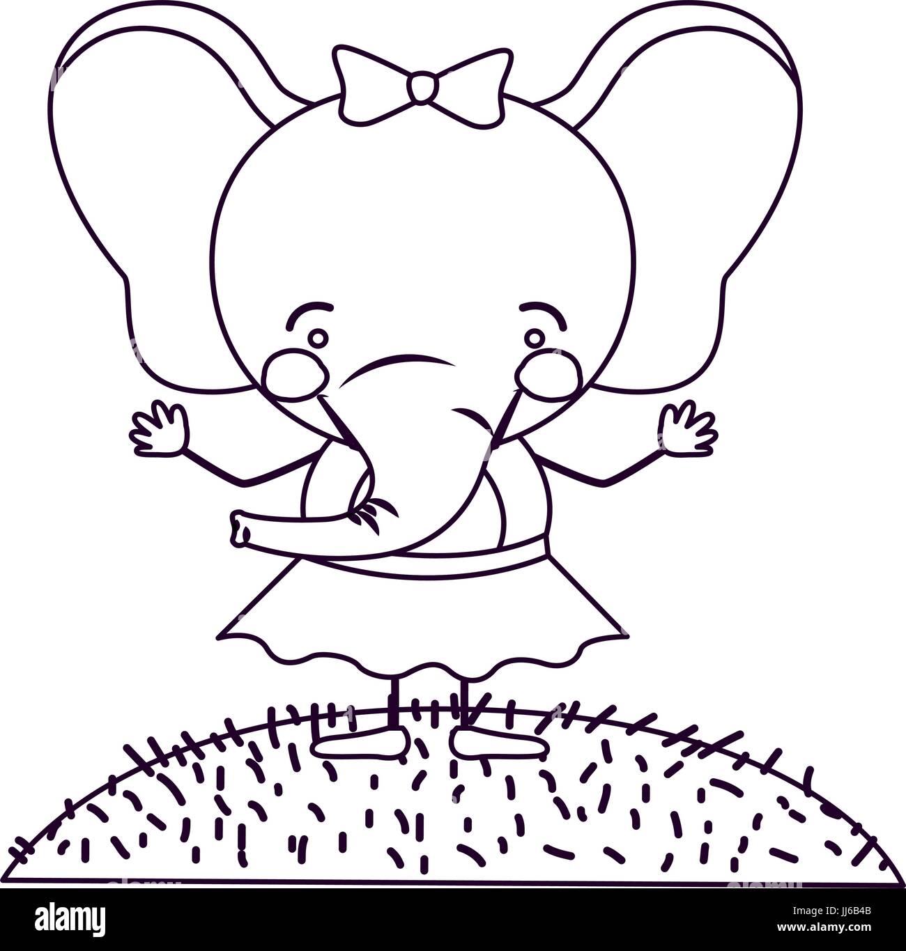 Silhouette dessin paysage scène et de l'herbe à éléphant femelle mignon expression caricature en jupe avec dentelle Illustration de Vecteur