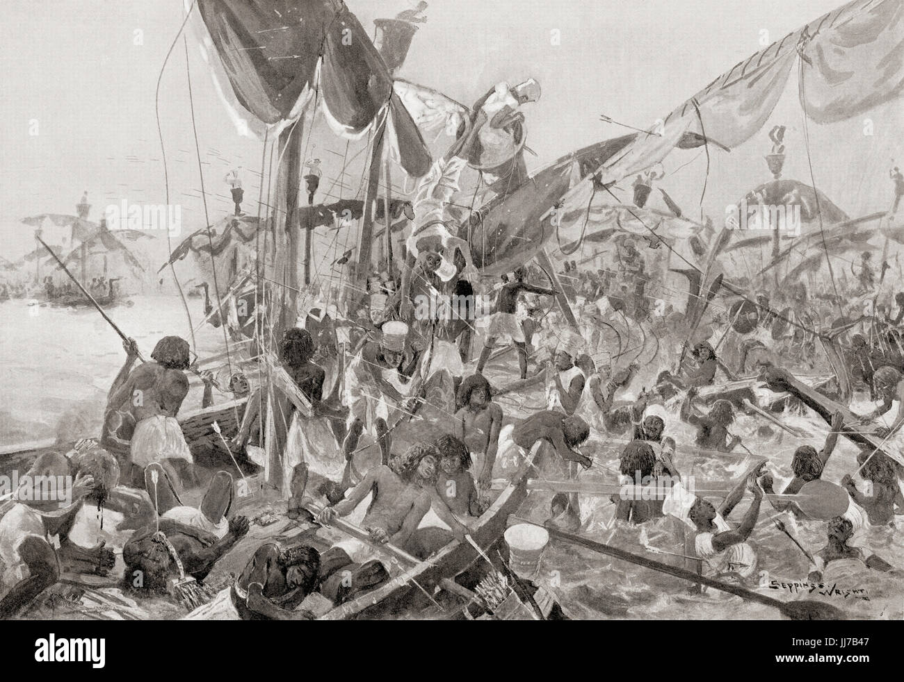La bataille de la Delta, une bataille navale entre l'Egypte et les peuples de la mer, c.1175 BC quand le pharaon égyptien Ramsès III repousse une grande invasion de la mer. Usimare Ramsès III également orthographié Ramsès et Ramsès. Deuxième Pharaon de la xxe dynastie. L'histoire de Hutchinson de l'ONU, publié en 1915. Banque D'Images