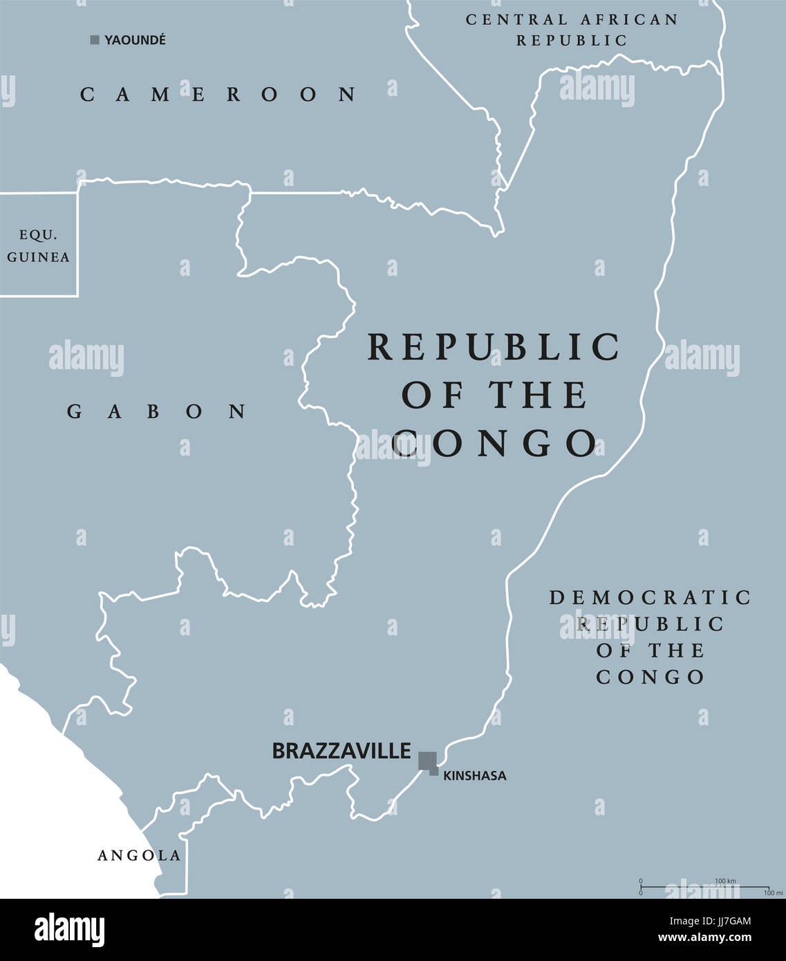 République du Congo carte politique avec capitale Brazzaville. Aussi la République du Congo, à l'ouest du Congo ou du Congo-Brazzaville. Pays de l'Afrique centrale. Gris. Banque D'Images