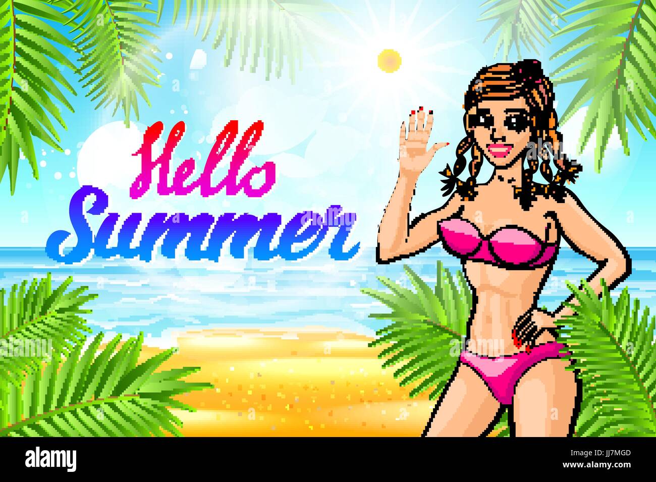 Vector Hello summer lettrage et femme sur la plage de la mer et prend le  soleil. Bikini rif. pinup vintage poster art Image Vectorielle Stock - Alamy