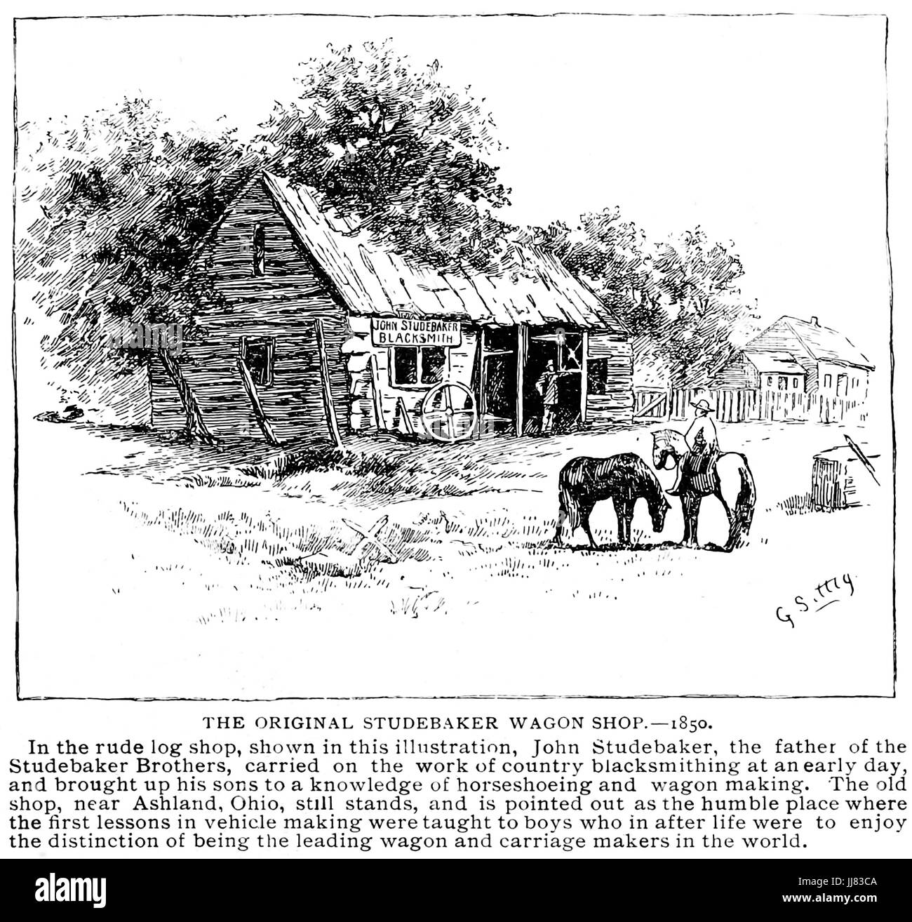 Une gravure de 1893 STUDEBAKER Studebaker John's wagon original boutique près de Ashland, Ohio, en 1850 Banque D'Images