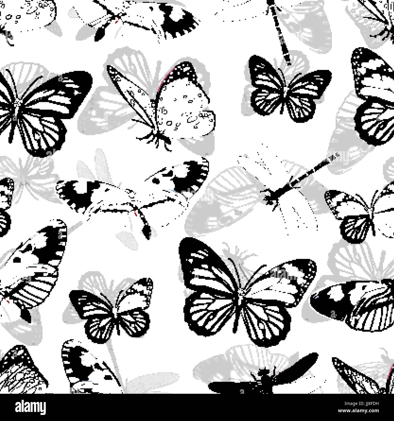 Les papillons et les libellules, motif transparent background vector monochrome, livre de coloriage. Divers insectes noir et blanc sur un fond blanc. Pour fa Illustration de Vecteur