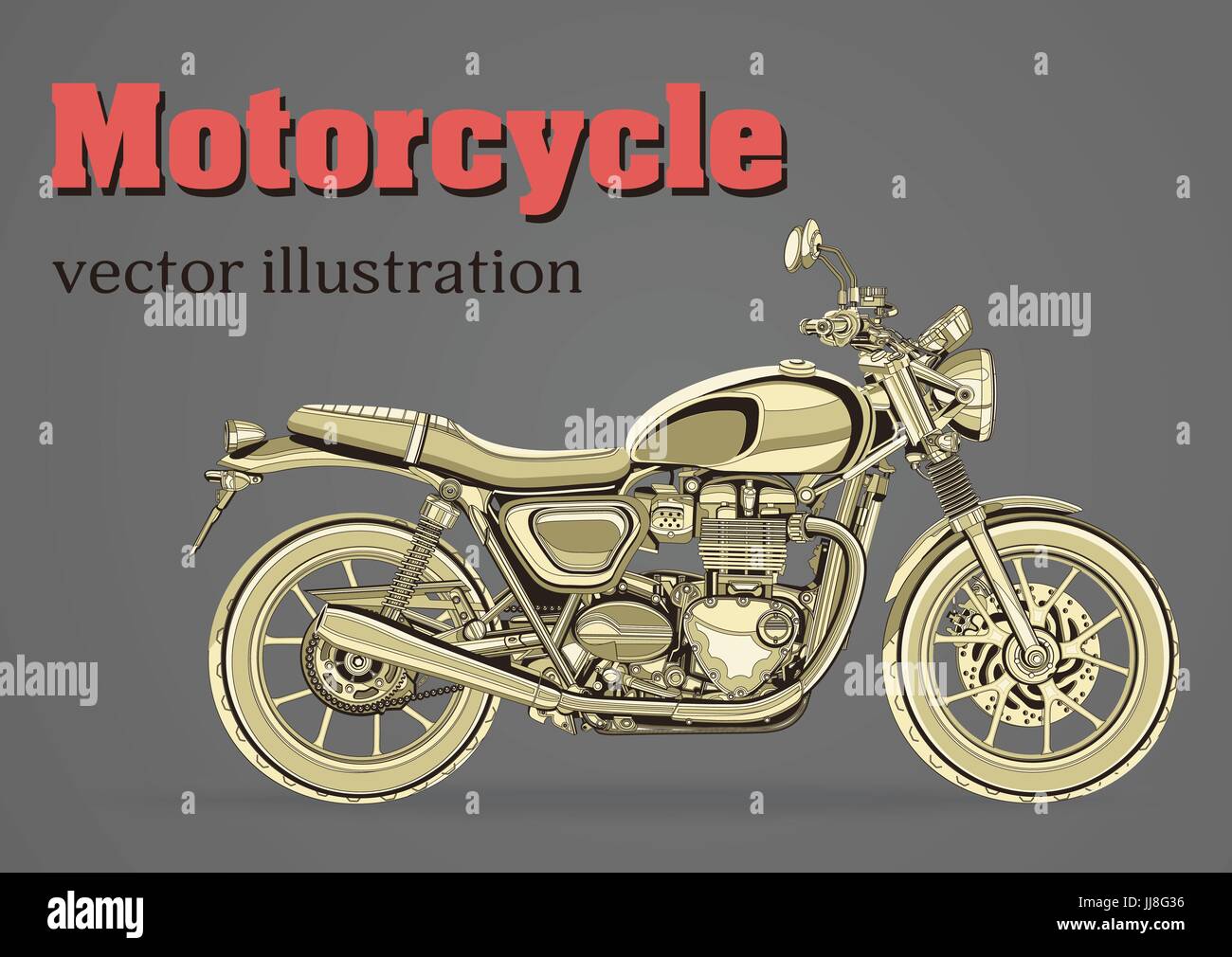 Vecteur de moto vintage, bannière, affiche, flyer, carte, couverture. Moto jaune demi-face avec beaucoup de détails sur fond gris Illustration de Vecteur