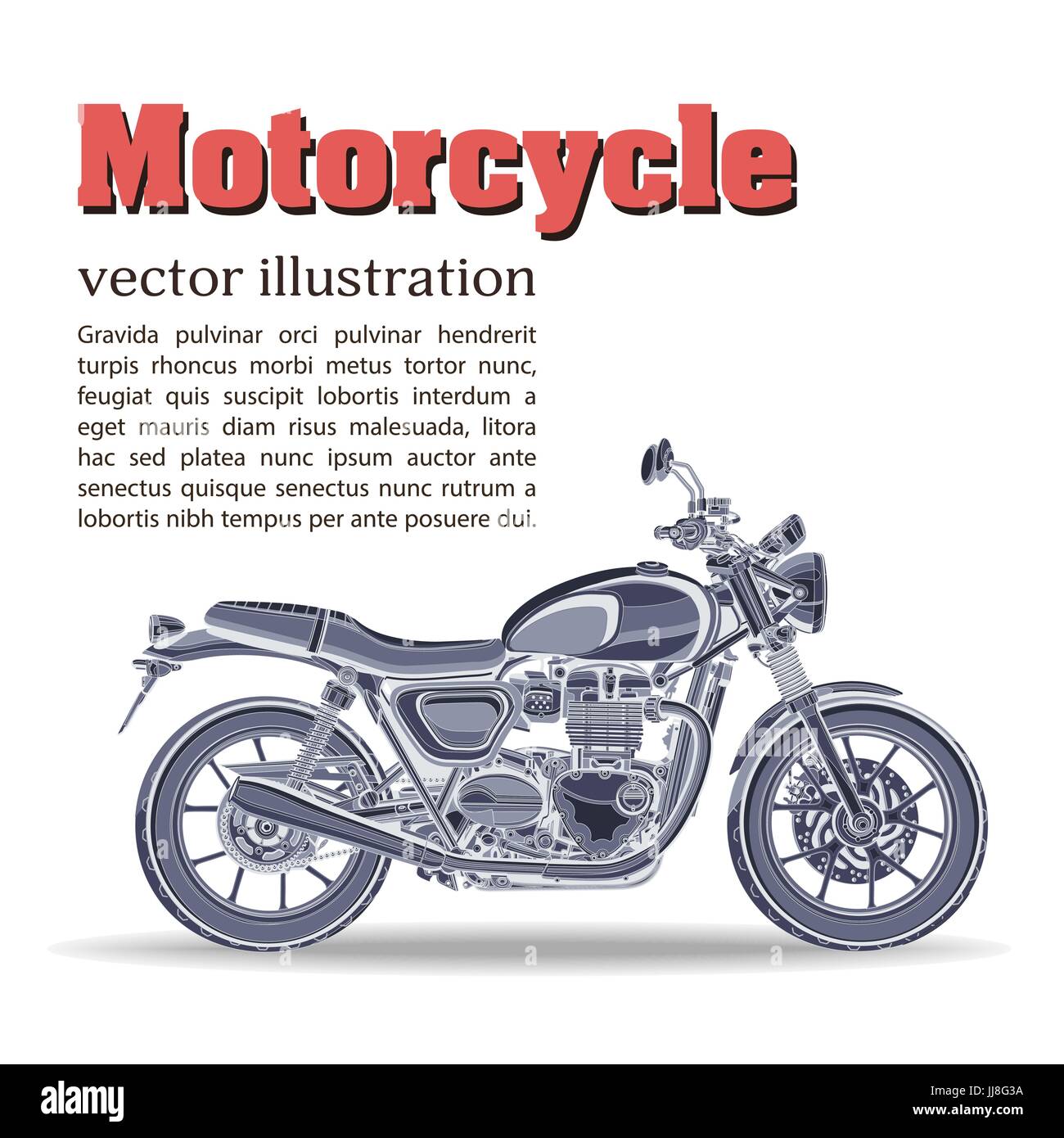 Vecteur de moto vintage, bannière, affiche, flyer, carte, couverture. Moto bleu demi-face avec beaucoup de détails sur un fond blanc Illustration de Vecteur