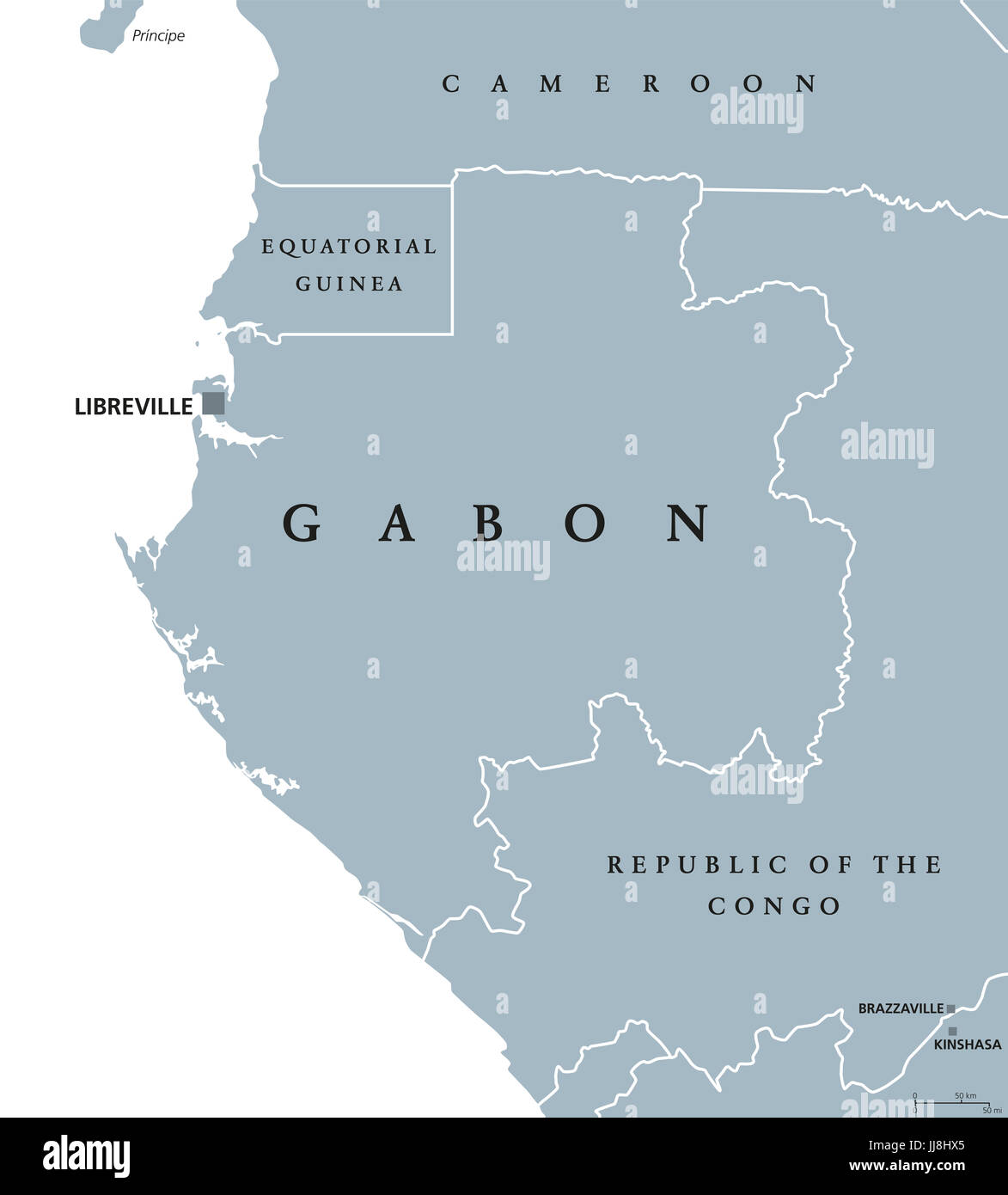 Carte politique du Gabon avec capital Libreville. République gabonaise, un état souverain situé sur la côte ouest de l'Afrique centrale. Gris illustration. Banque D'Images