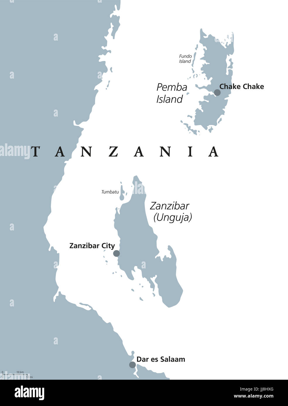 Zanzibar et Pemba Island carte politique. Région semi-autonome de la Tanzanie en Afrique de l'Est. L'archipel de Zanzibar dans l'Océan Indien. L'illustration. Banque D'Images