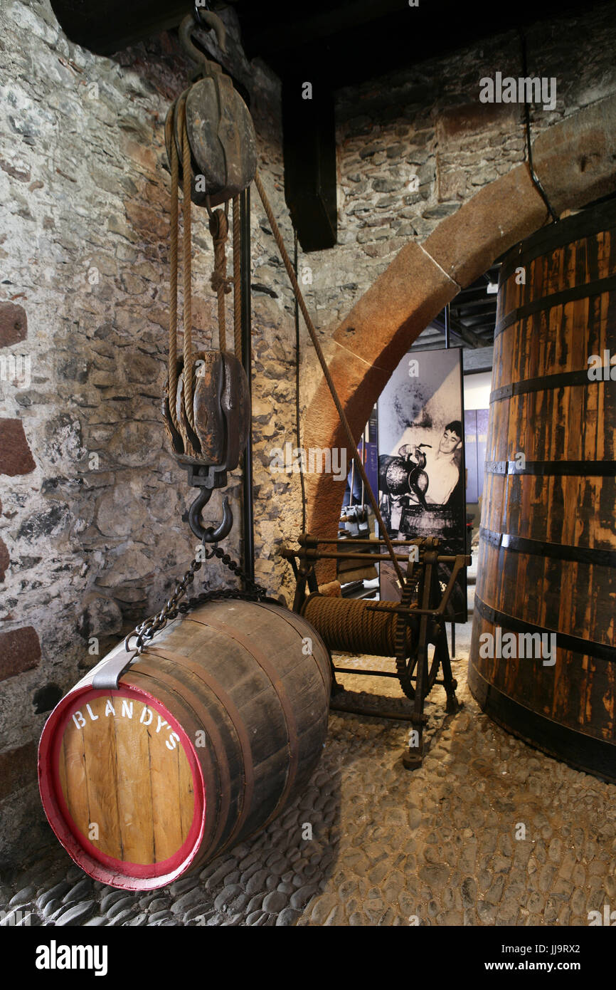 Barils de vin de Madère dans une cave à Blandy's Wine Lodge, Funchal, Madeira, Portugal Banque D'Images