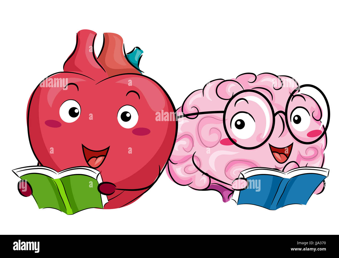 Mascot Illustration d'un coeur joyeux et un cerveau Lire des livres ensemble Banque D'Images