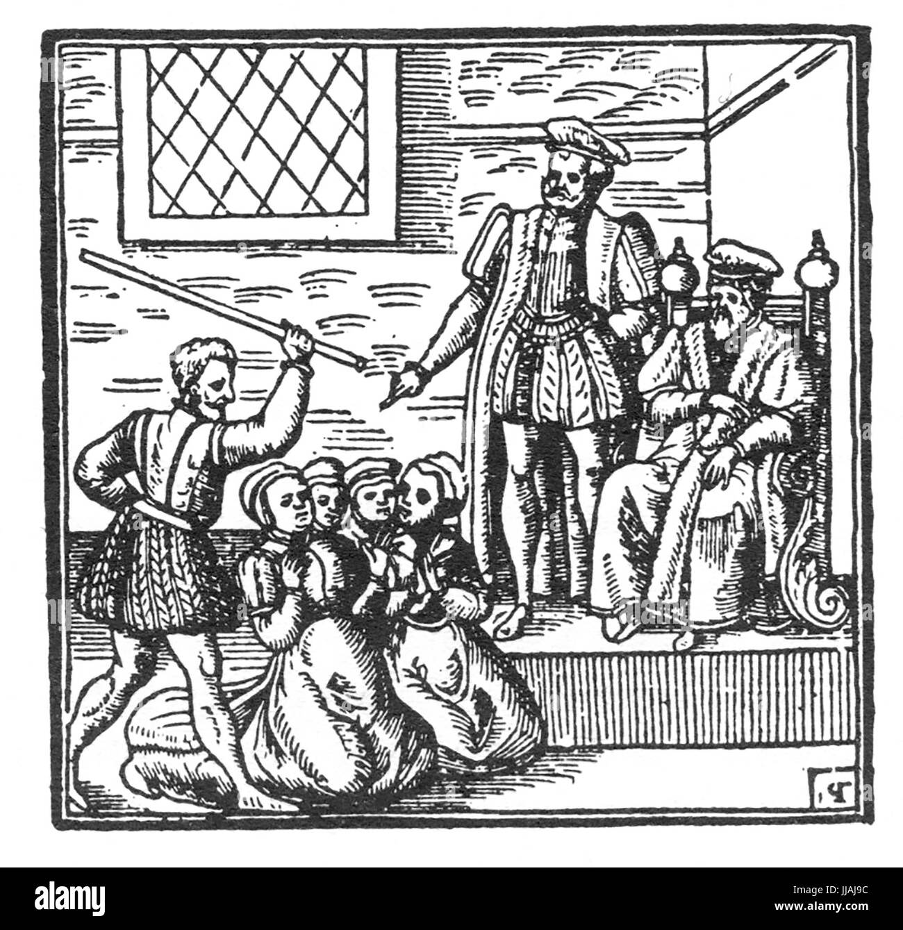 Procès des sorcières de BEWICK NORD 1590-1592. Le roi Jacques VI d'Écosse examine certains des accusés. Gravure sur bois dans son Demonologie publié en 1597 Banque D'Images