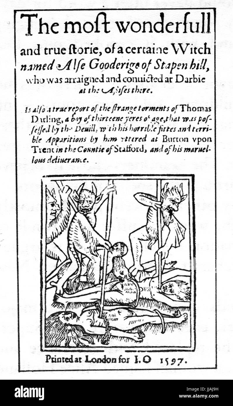 La sorcellerie 1597 brochure relatant l'histoire de l'essai d'Alice de Gooderidge Stapenhill, Derbyshire, pour withcraft Banque D'Images